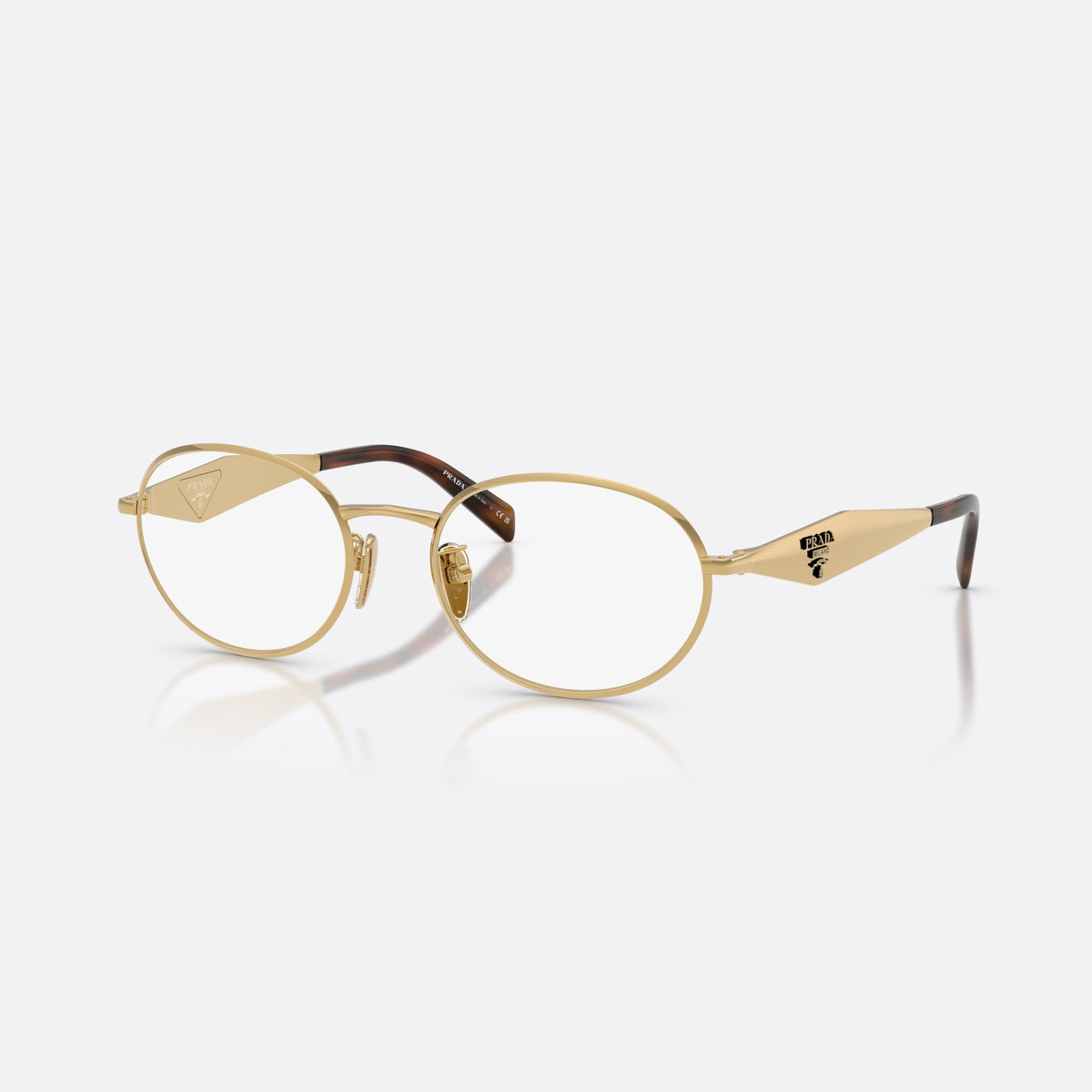 Prada PR D53VD 5AK1O1 eyeglasses, gold oval frame for women, plain metal bridge, brand logo on temples