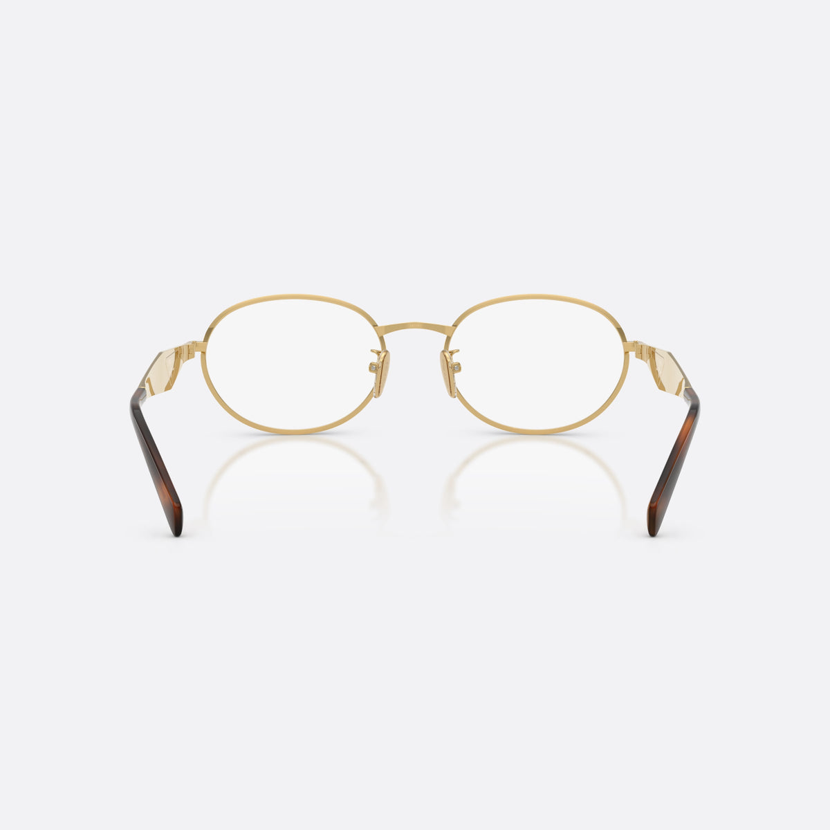 Prada PR D53VD 5AK1O1 eyeglasses, gold oval frame for women, plain metal bridge, brand logo on temples, back view