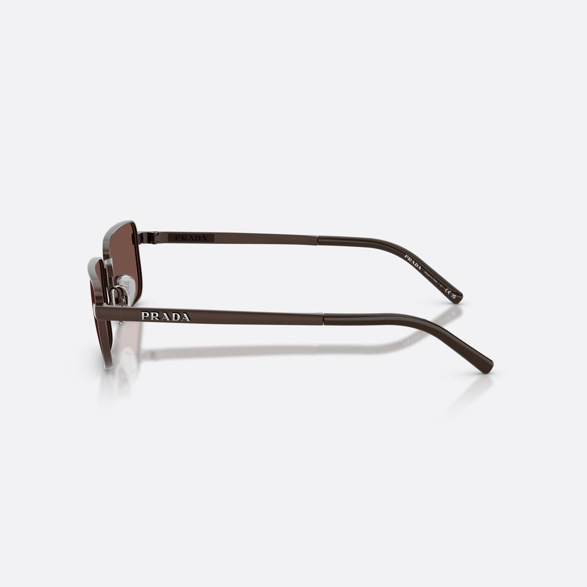 Prada PR D54S 22J80T sunglasses, brown rectangle frame for men, plain metal bridge, brand lettering on temples, side view
