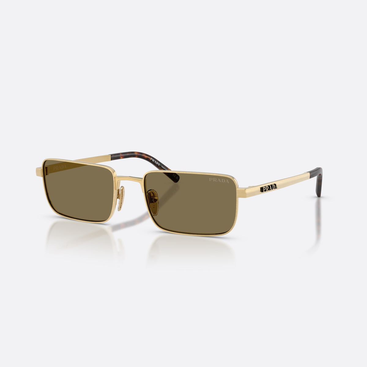 Prada PR D54S 24J90F sunglasses, gold rectangle frame for men, plain metal bridge, brand lettering on temples