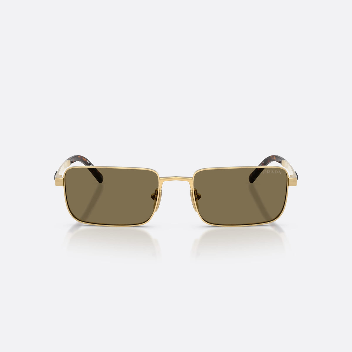 Prada PR D54S 24J90F sunglasses, gold rectangle frame for men, plain metal bridge, brand lettering on temples, front view
