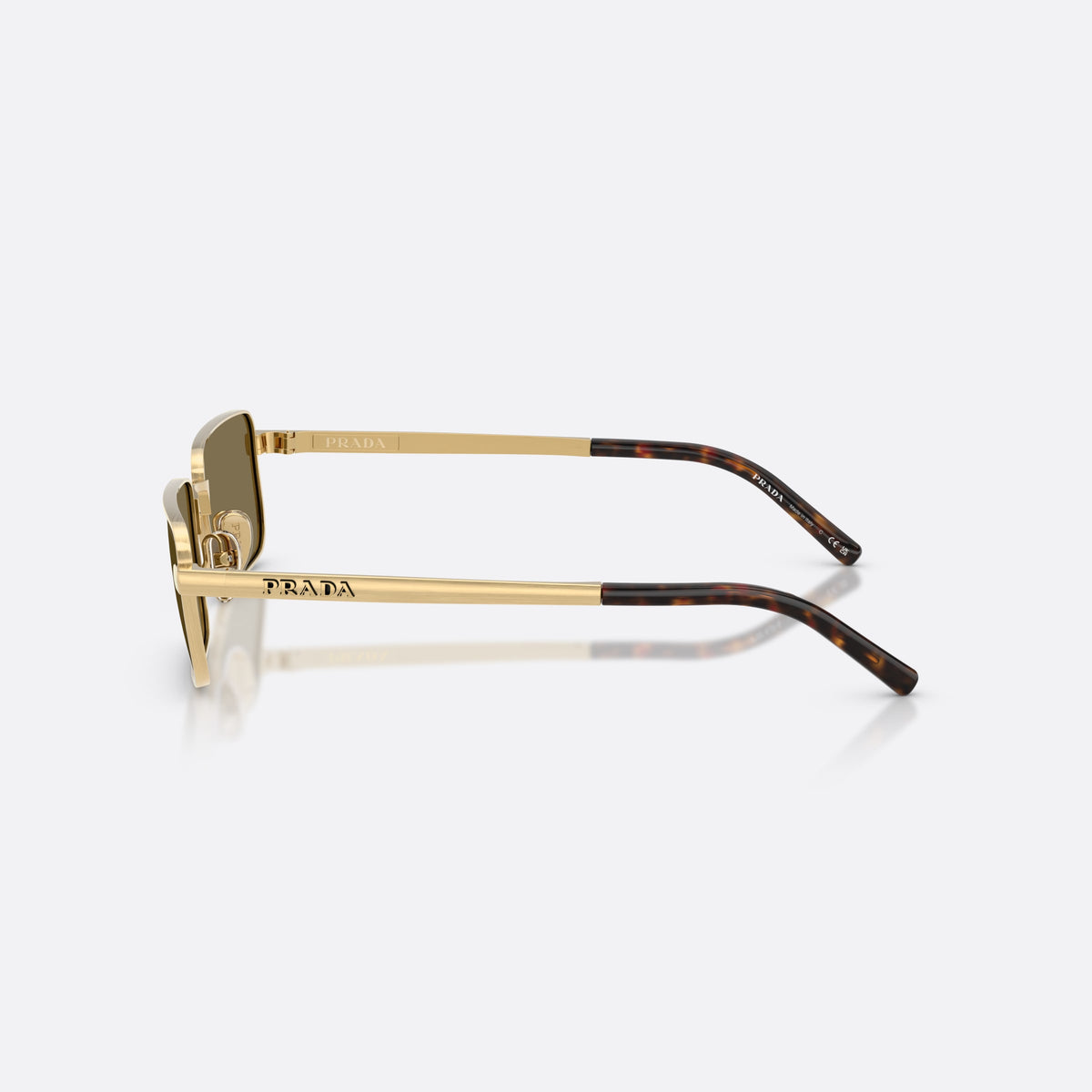 Prada PR D54S 24J90F sunglasses, gold rectangle frame for men, plain metal bridge, brand lettering on temples, side view