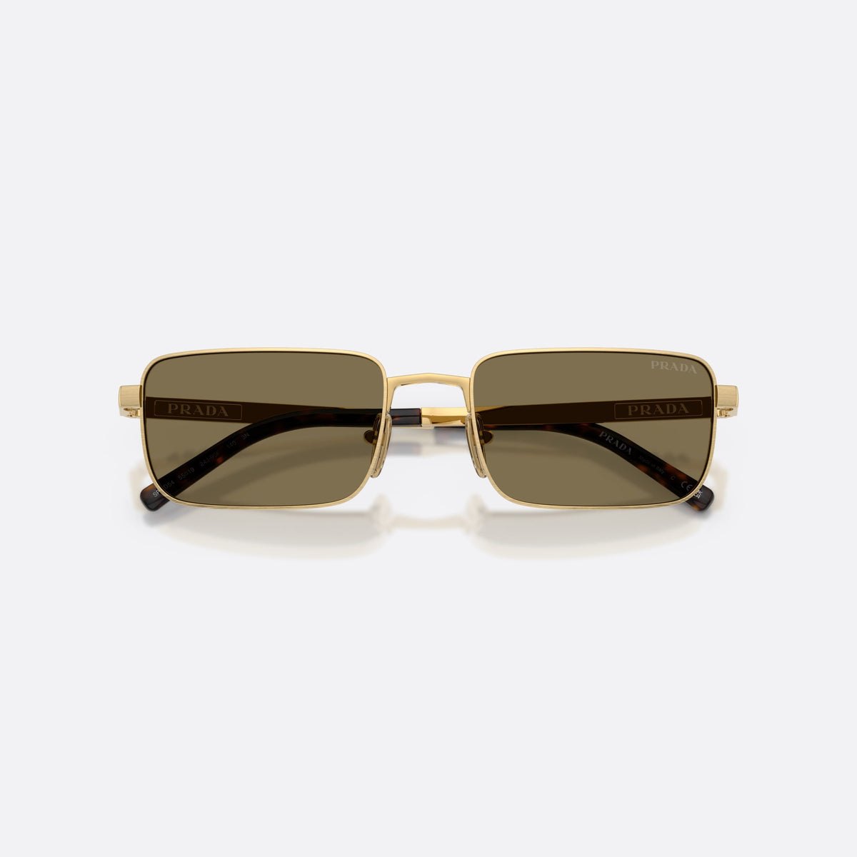 Prada PR D54S 24J90F sunglasses, gold rectangle frame for men, plain metal bridge, brand lettering on temples, folded