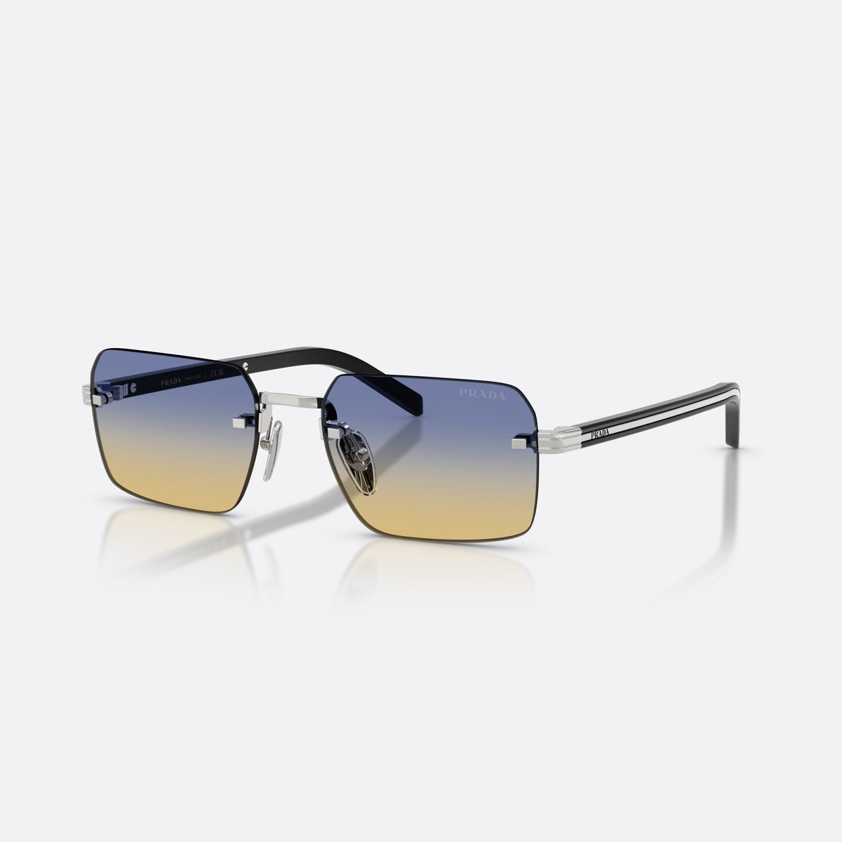 Prada PR D55S 1BC50E sunglasses, silver rectangle frame for men, plain metal bridge, brand lettering on temples