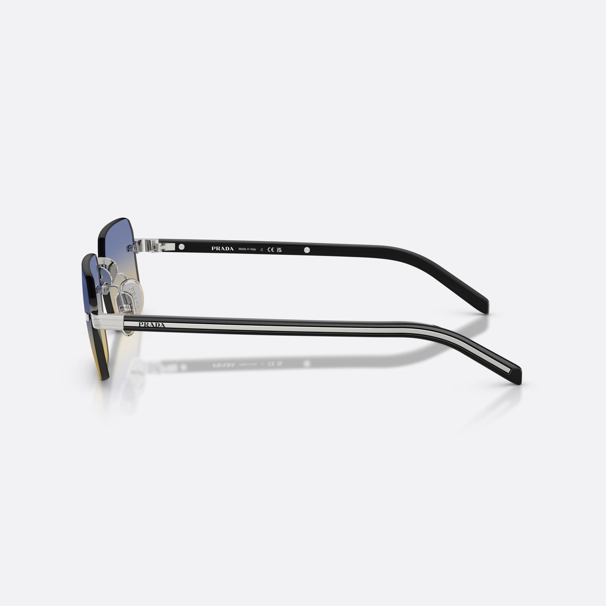 Prada PR D55S 1BC50E sunglasses, silver rectangle frame for men, plain metal bridge, brand lettering on temples, side view
