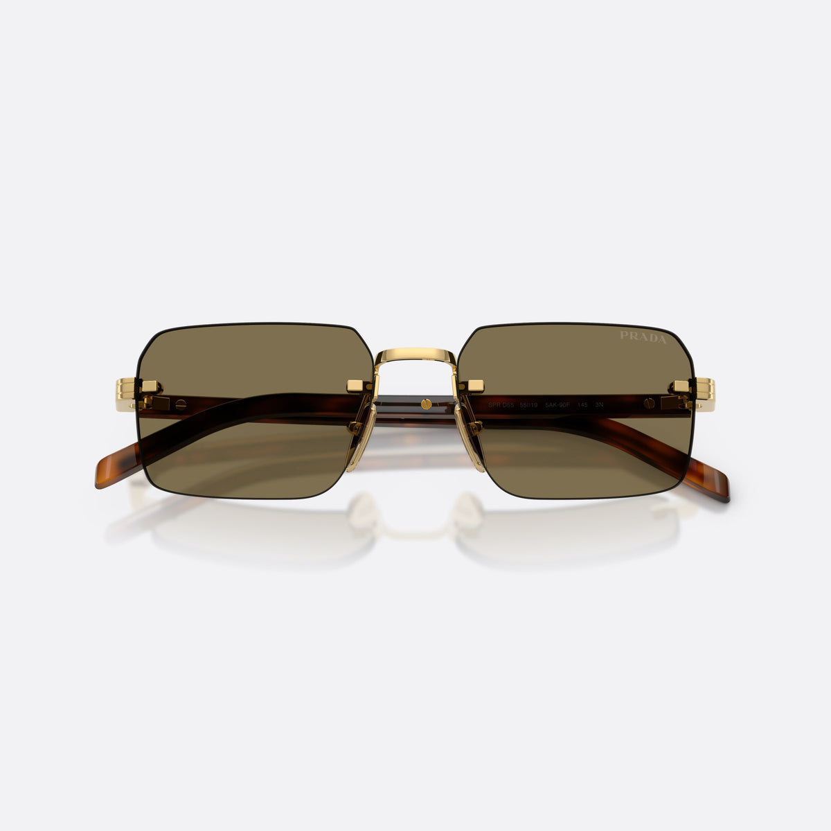Ochelari de soare Prada PR D55S 5AK90F, rectangulari auriu, pentru bărbați, punte metalică simplă, literele brandului pe brațe, cu brațele pliate