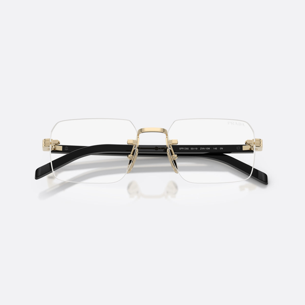 Prada PR D55S ZVN10W sunglasses, gold rectangle frame for men, straight metal bridge, brand lettering on the temples, folded