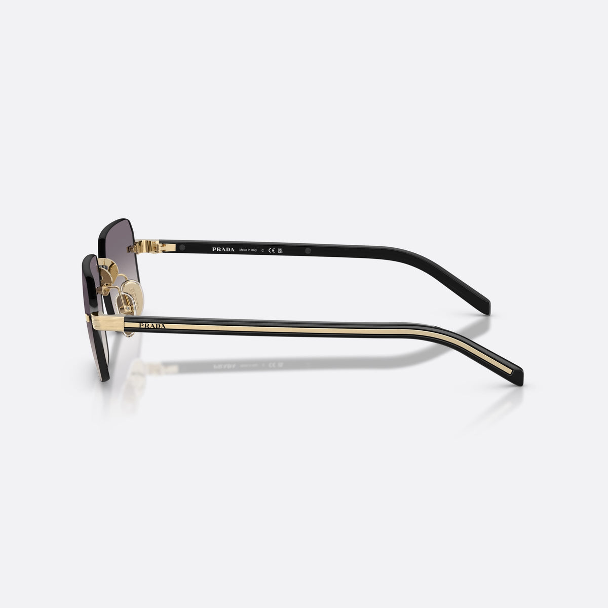Prada PR D55S ZVN60W sunglasses, gold rectangle frame for men, plain metal bridge, brand lettering on temples, side view