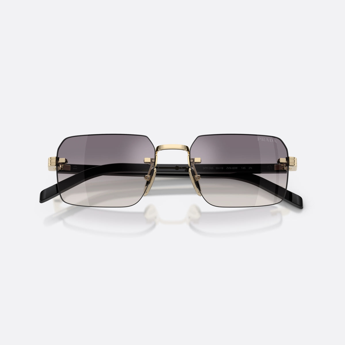 Prada PR D55S ZVN60W sunglasses, gold rectangle frame for men, plain metal bridge, brand lettering on temples, folded