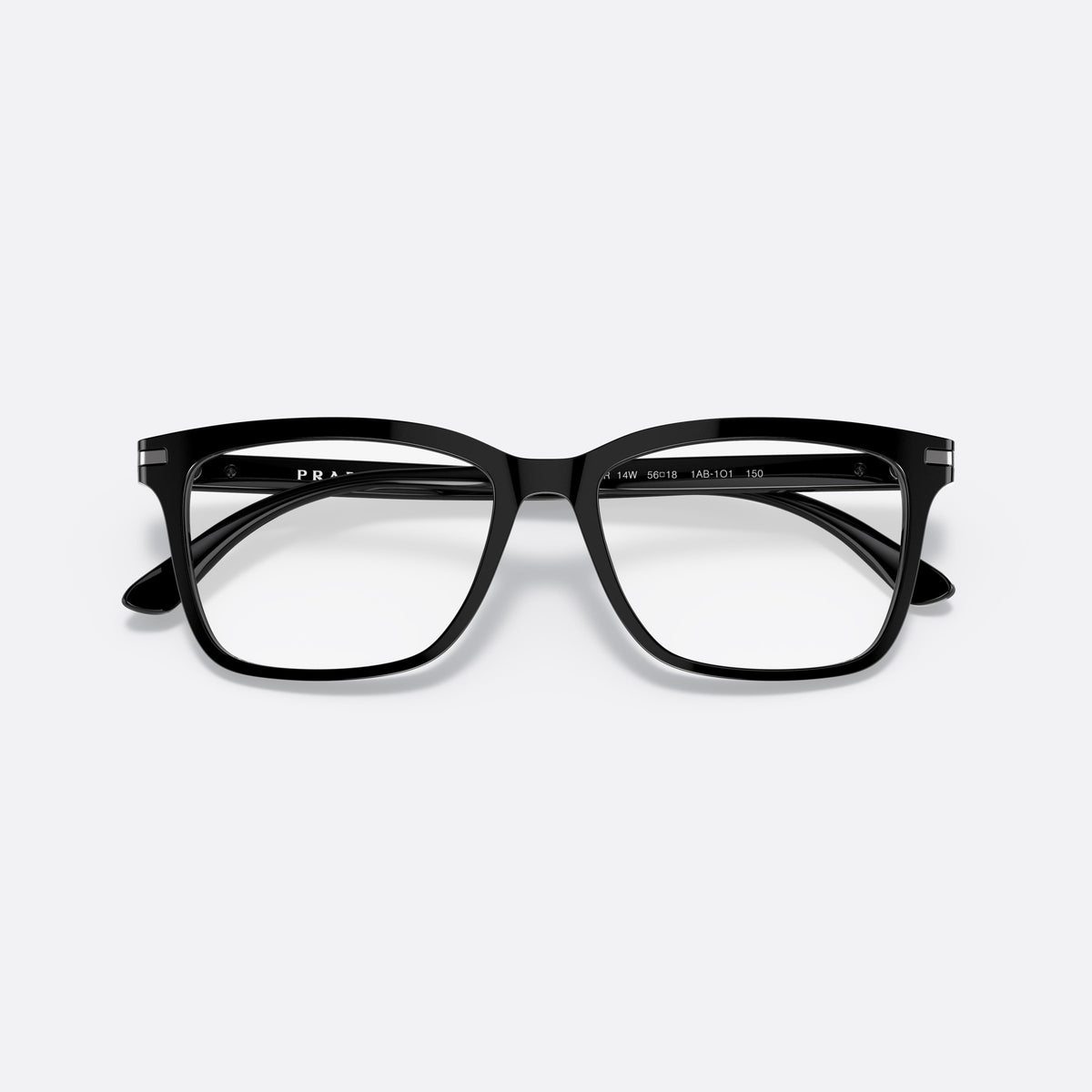 Prada PRADA PR 14WV 1AB-1O1 eyeglasses, black geometric frame for men, plain bridge, brand logo plaque on temple, folded