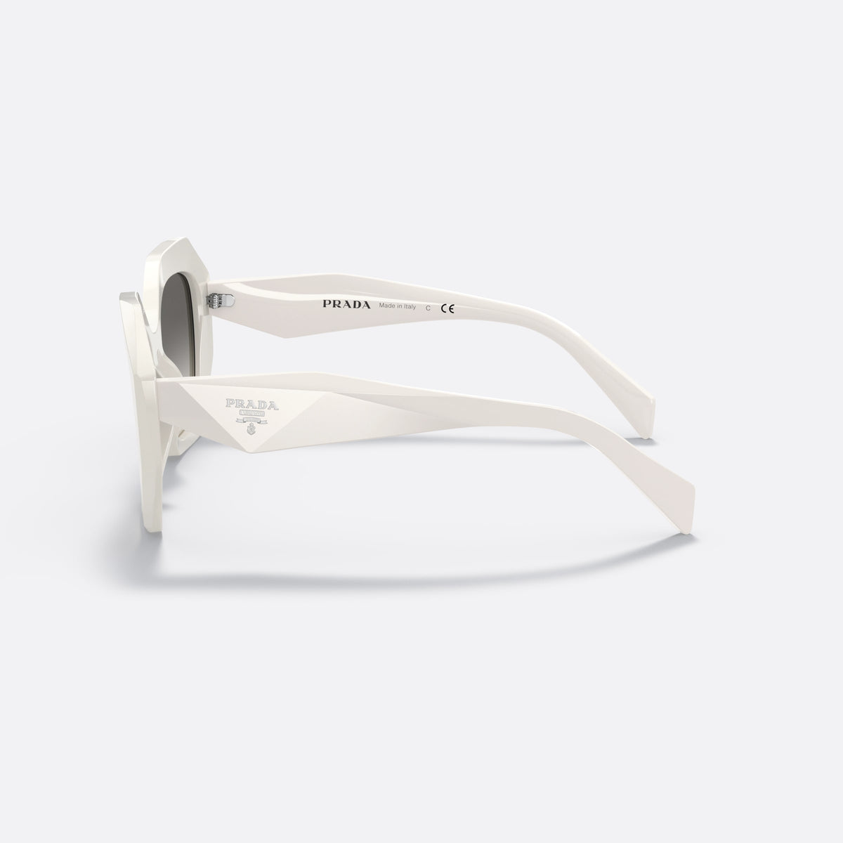 Prada PRADA PR 16WS 142-130 sunglasses, white butterfly frame for women, integrated plain bridge, brand lettering on temples, side view