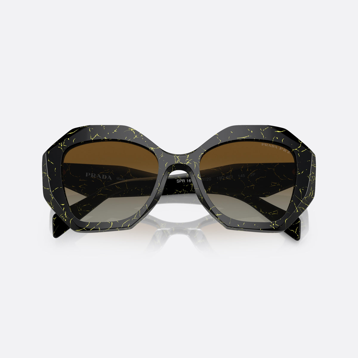 Prada PRADA PR 16WS 19D-6E1 sunglasses, black butterfly frame for women, plain integrated bridge, brand lettering on temples, folded