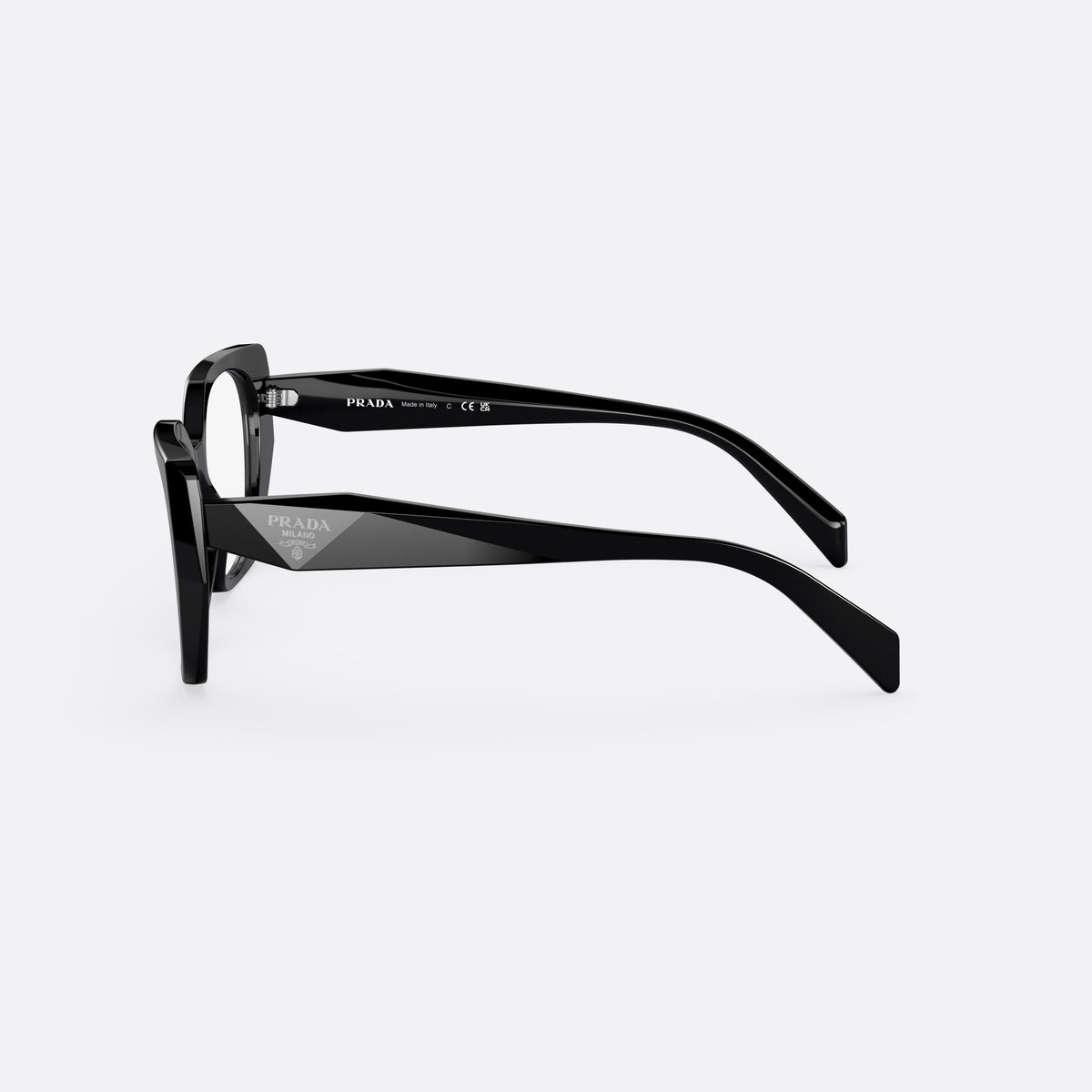 Rame ochelari de vedere Prada PRADA PR 18WV 1AB-1O1, cat eye negru, pentru femei, punte integrată simplă, literele brandului pe brațe, vedere laterală