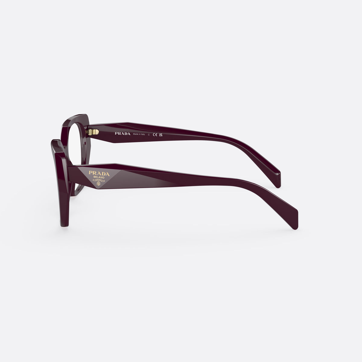 Prada PRADA PR 18WV VIY-1O1 eyeglasses, red cat eye frame for women, plain bridge, brand lettering on temples, full-rim frame, side view