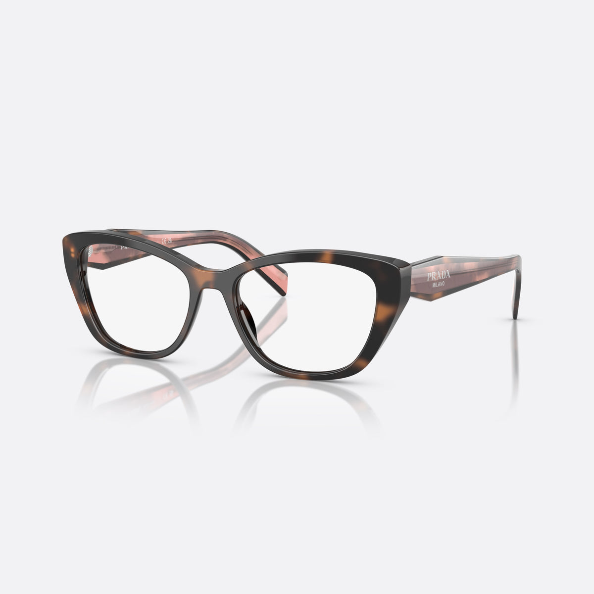 Prada PRADA PR 19WV 23A1O1 eyeglasses, havana cat eye frame for women, plain saddle bridge, brand lettering on temples