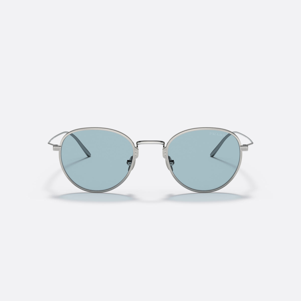 Prada PRADA PR 53WS 05Q-05I sunglasses, silver round frame for men, plain metal bridge, brand lettering on lens, front view