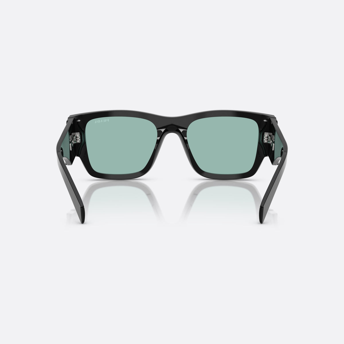 Prada Symbole PR 10ZS 16K40K BKGR sunglasses, black pantos frame for men, plain bridge, triangular brand logo plaque on temple, back view