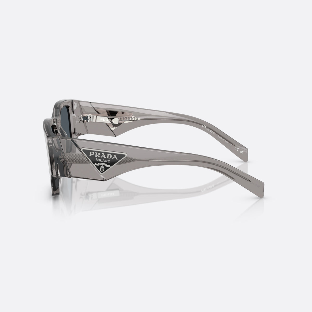 Prada Symbole PR 10ZS 16Z70B GRGR sunglasses, grey pantos frame for men, plain bridge, brand logo plaque on temple, side view