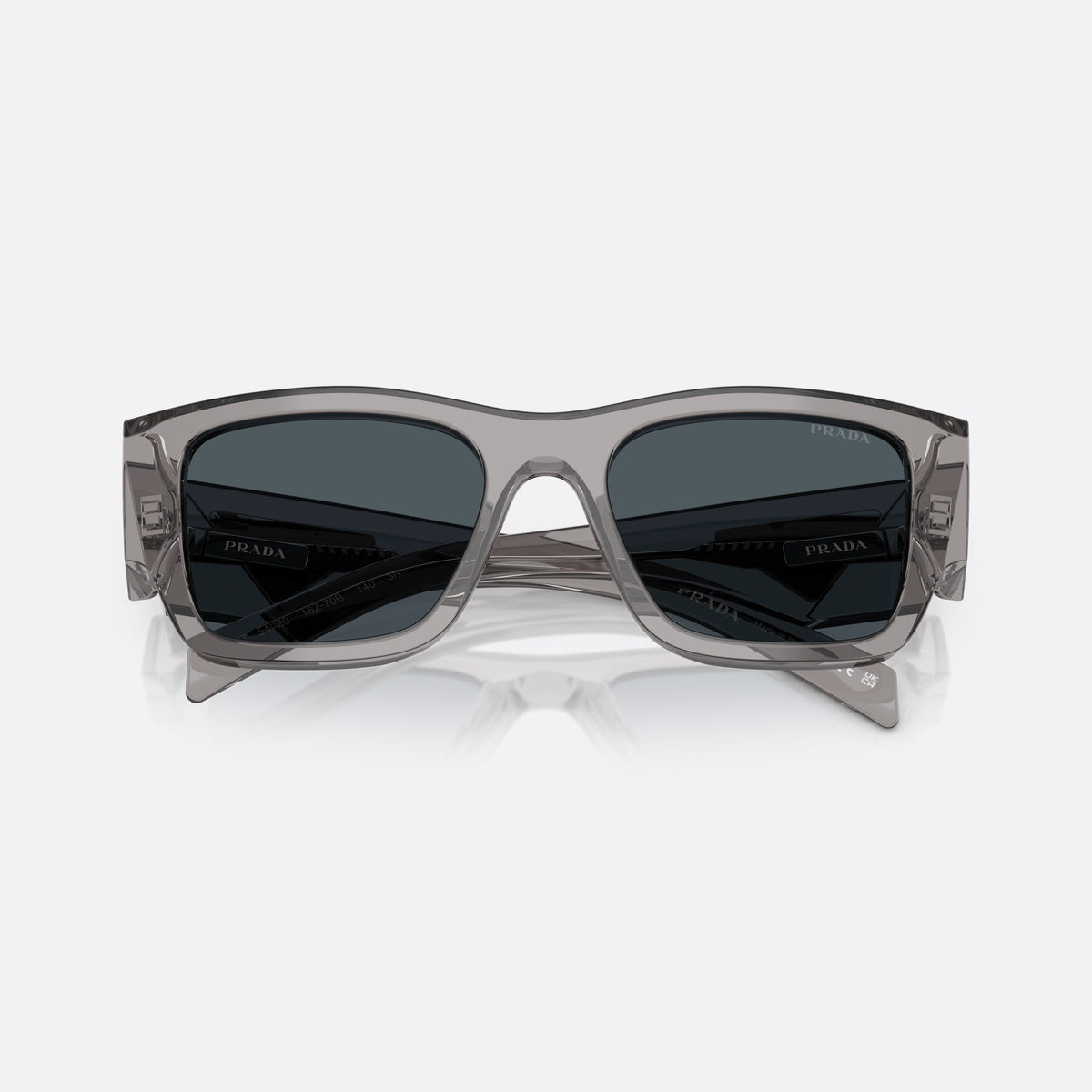 Prada Symbole PR 10ZS 16Z70B GRGR sunglasses, grey pantos frame for men, plain bridge, brand logo plaque on temple, folded