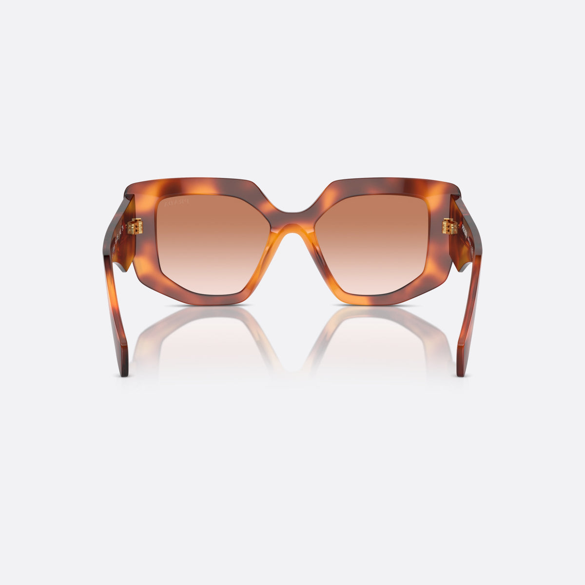 Prada Symbole PR 14ZS 18R70E sunglasses, brown geometric frame for women, plain integrated bridge, brand lettering on temples, back view