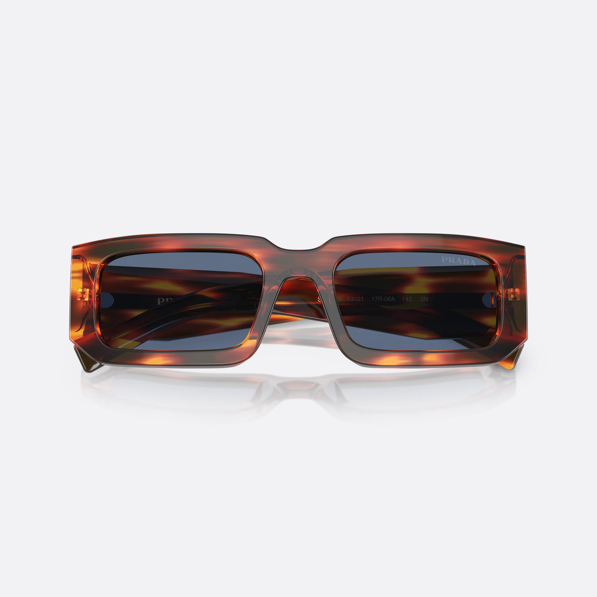 Prada Symbole PR 17R-06A 06YS sunglasses, havana rectangle frame for men, plain double bridge, brand logo on temple, folded