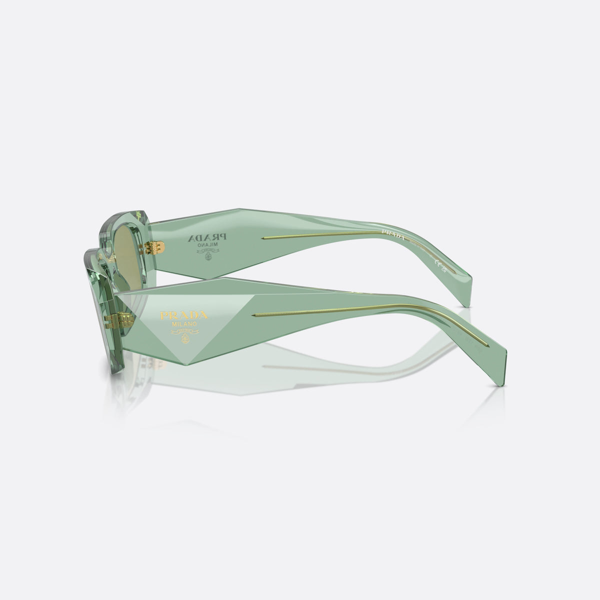 Ochelari de soare Prada Symbole PR 17WS 11R10E, geometrica verde, pentru femei, punte simplă, literele brandului pe brațe, ramă completă, vedere laterală