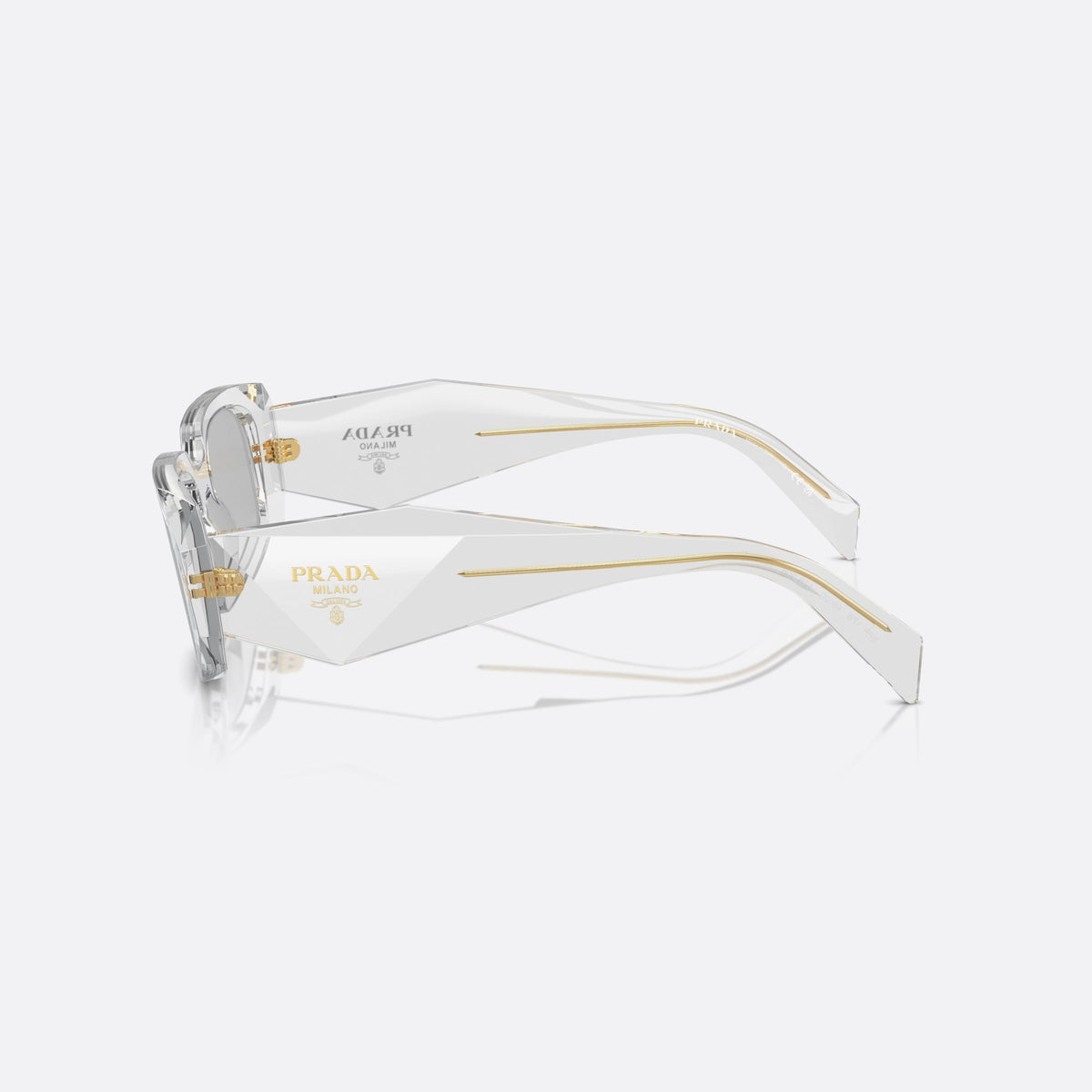 Prada Symbole PR 17WS 12R30B sunglasses, grey geometric frame for women, plain bridge, brand lettering on temples, plaque on temples, side view