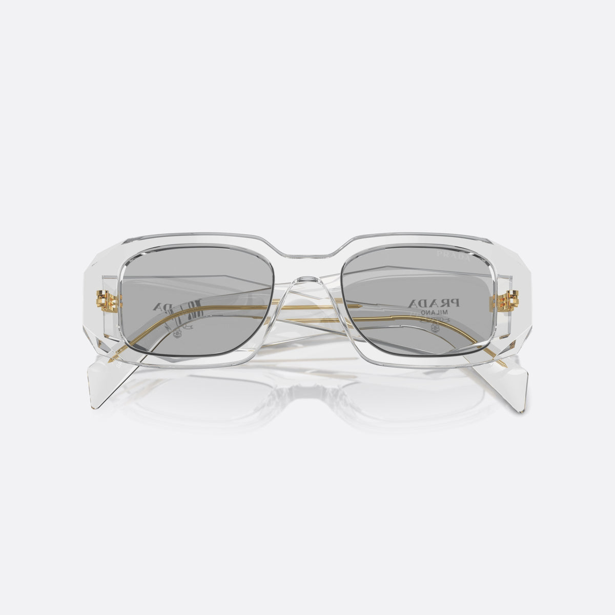 Prada Symbole PR 17WS 12R30B sunglasses, grey geometric frame for women, plain bridge, brand lettering on temples, plaque on temples, folded