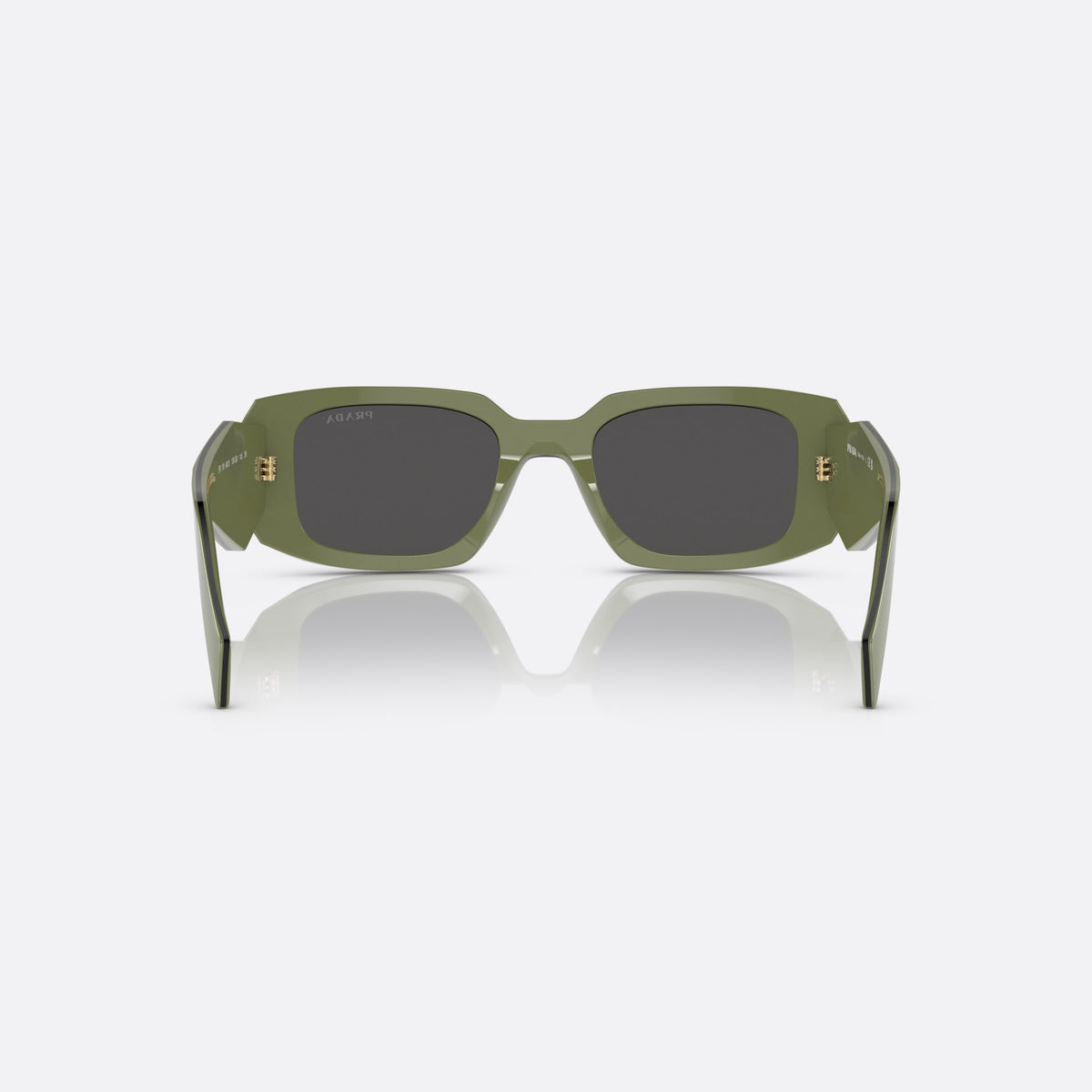 Prada Symbole PR 17WS 13N-5S0 sunglasses, green geometric frame for women, plain integrated bridge, brand lettering on temples, back view