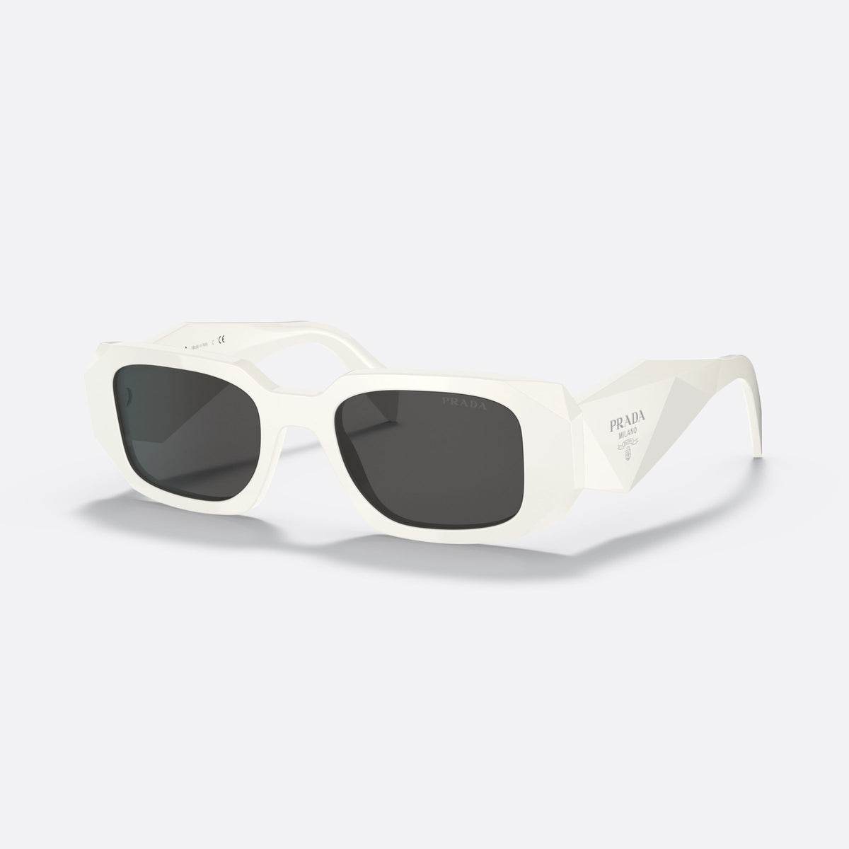 Prada Symbole PR 17WS 142-5S0 sunglasses, white geometric frame for women, plain bridge, brand lettering on temples, full-rim frame