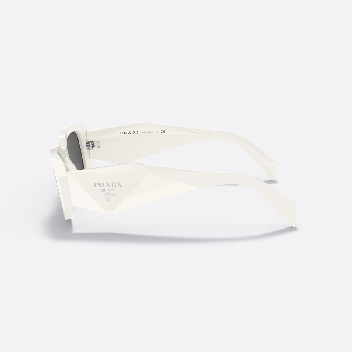 Prada Symbole PR 17WS 142-5S0 sunglasses, white geometric frame for women, plain bridge, brand lettering on temples, full-rim frame, side view