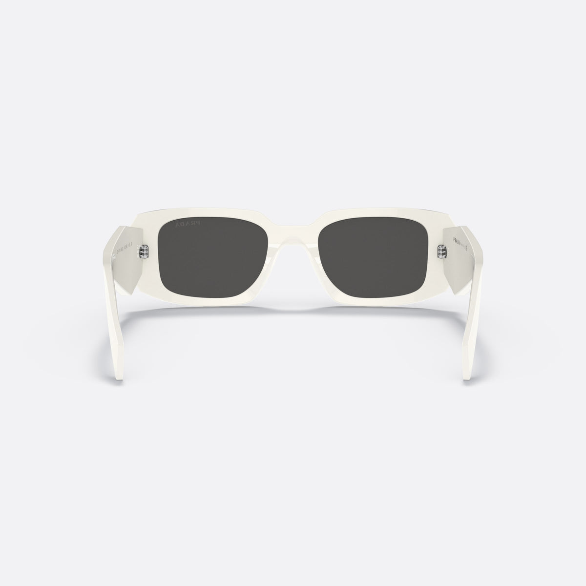 Prada Symbole PR 17WS 142-5S0 sunglasses, white geometric frame for women, plain bridge, brand lettering on temples, full-rim frame, back view