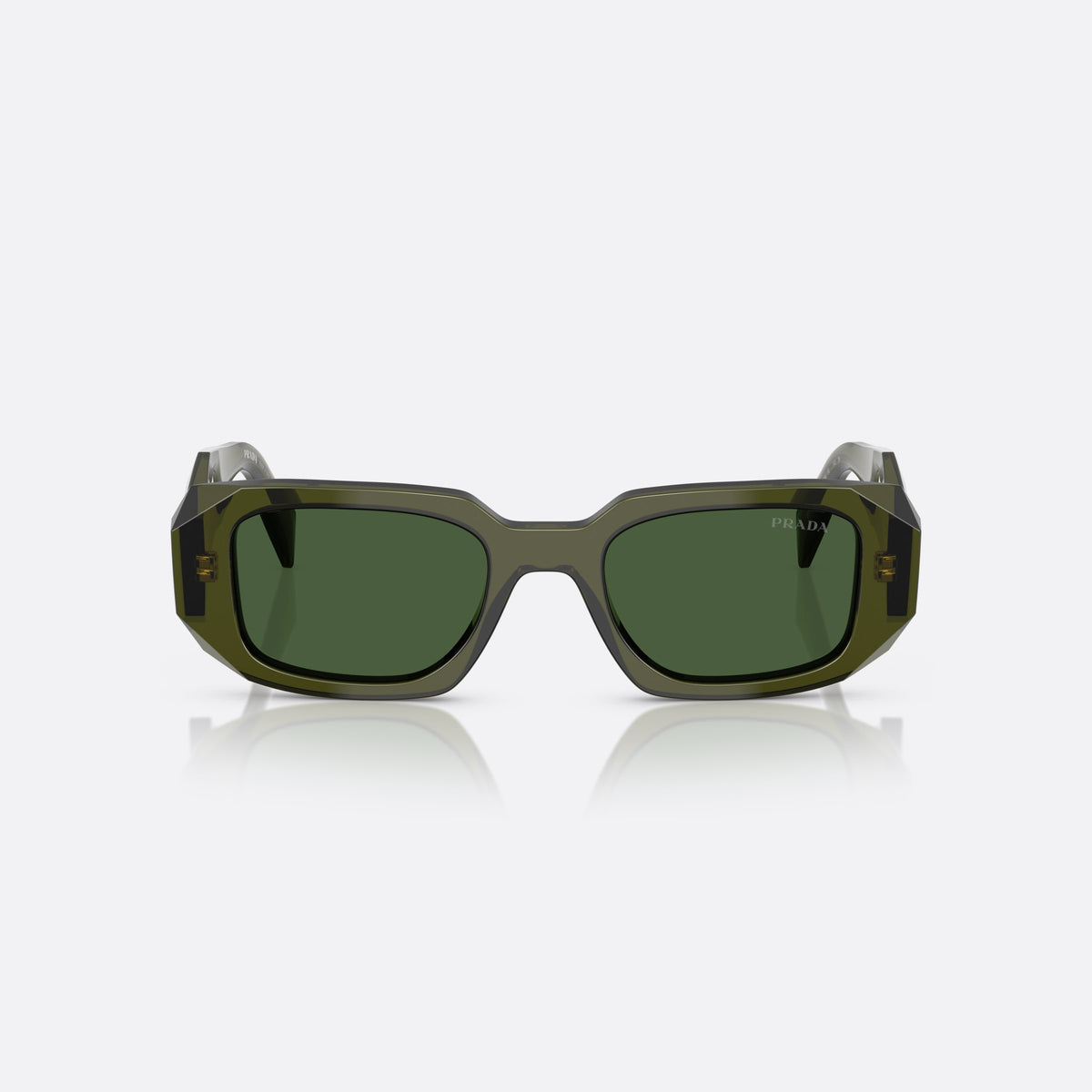 Prada Symbole PR 17WS 19Z1I0 sunglasses, green geometric frame for women, plain bridge, integrated into front, wide tapered temples, front view