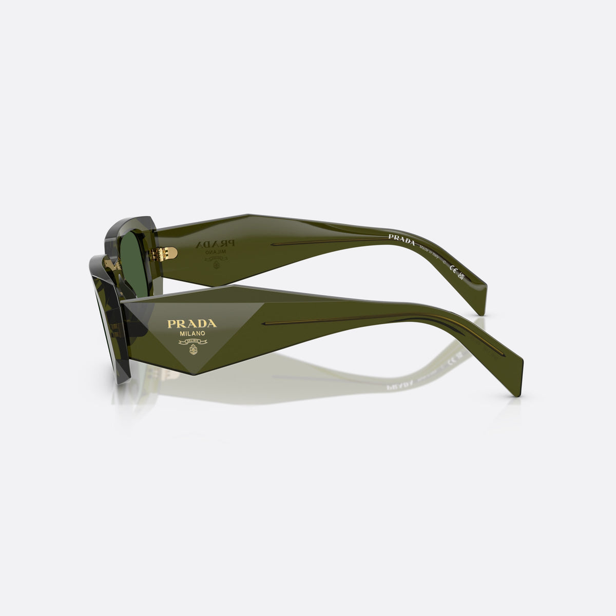 Prada Symbole PR 17WS 19Z1I0 sunglasses, green geometric frame for women, plain bridge, integrated into front, wide tapered temples, side view