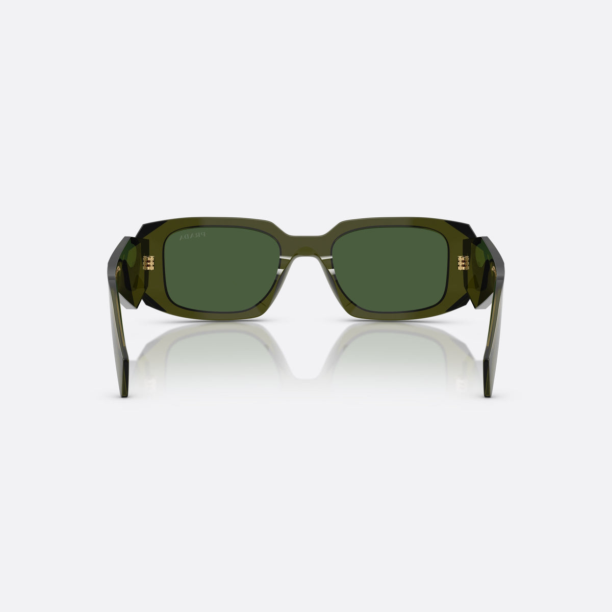 Prada Symbole PR 17WS 19Z1I0 sunglasses, green geometric frame for women, plain bridge, integrated into front, wide tapered temples, back view
