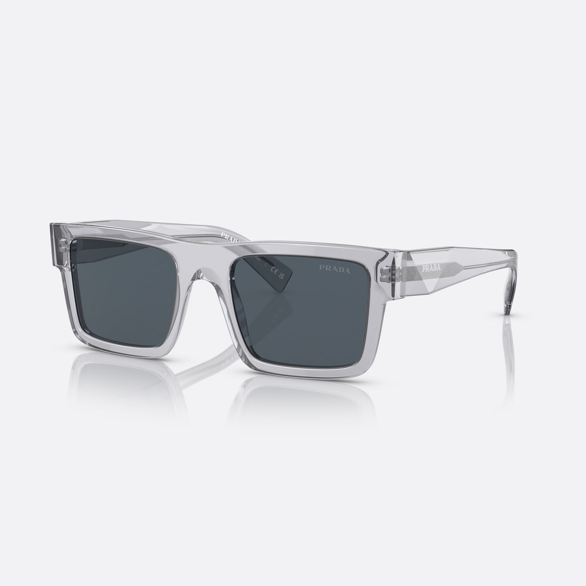 Prada Symbole PR 19WS U4309T CGDG sunglasses, clear geometric frame for men, plain bridge, brand lettering on temples, full-rim frame