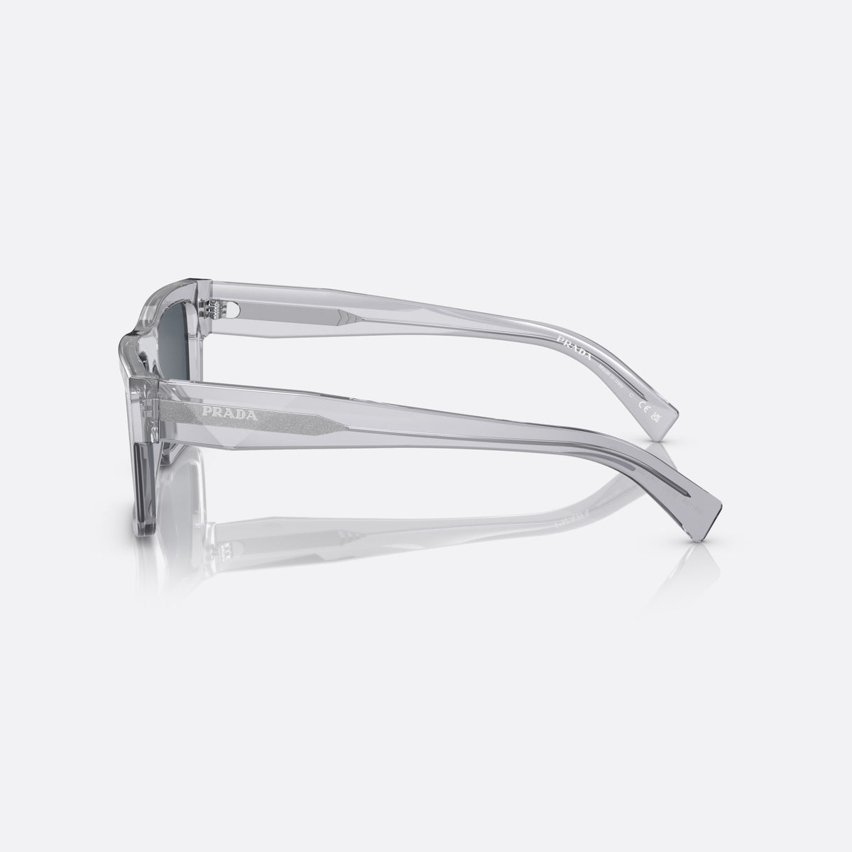 Prada Symbole PR 19WS U4309T CGDG sunglasses, clear geometric frame for men, plain bridge, brand lettering on temples, full-rim frame, side view