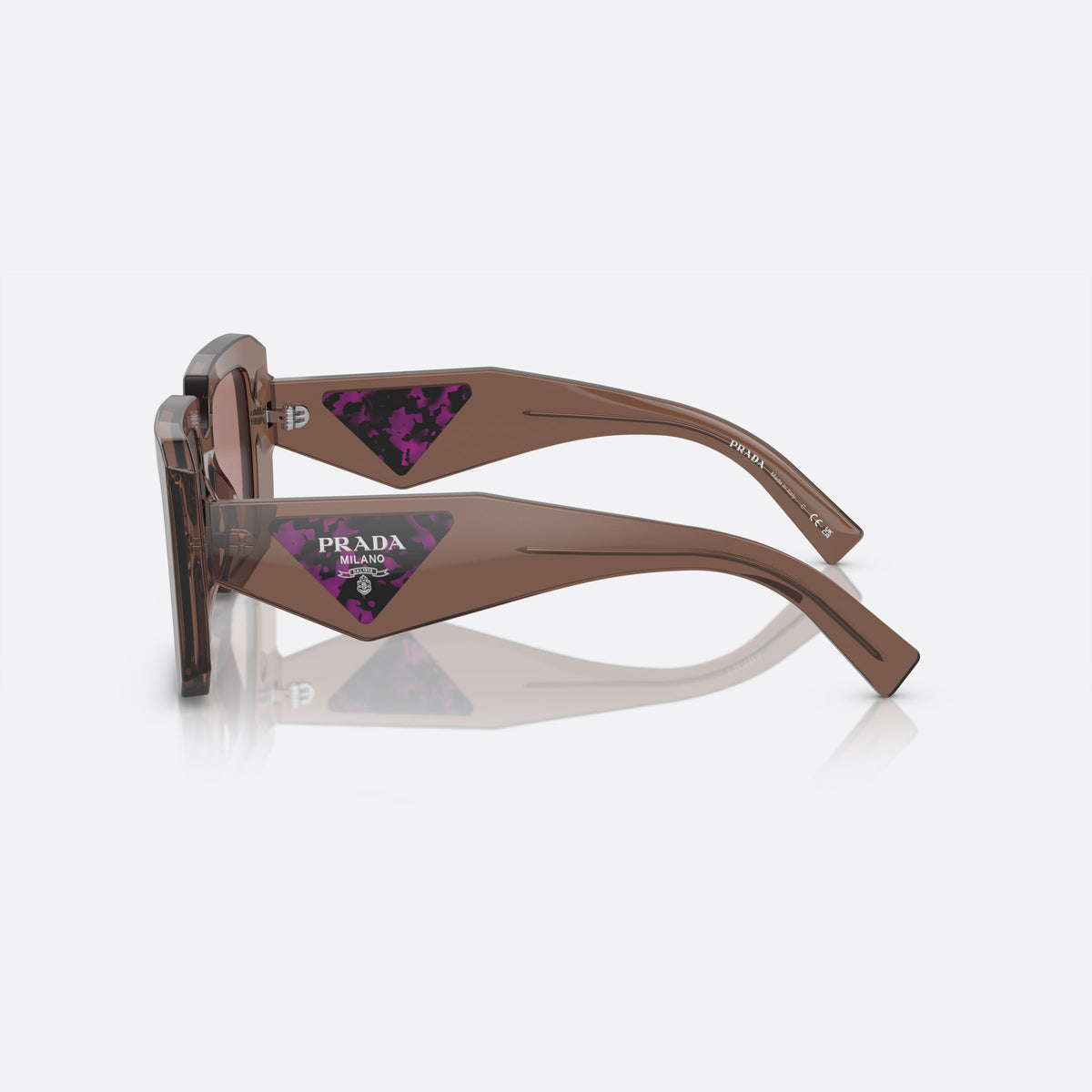 Prada Symbole PR 23YS 17O-60B sunglasses, brown square frame, unisex, double bridge with top bar, brand lettering on front rim, side view
