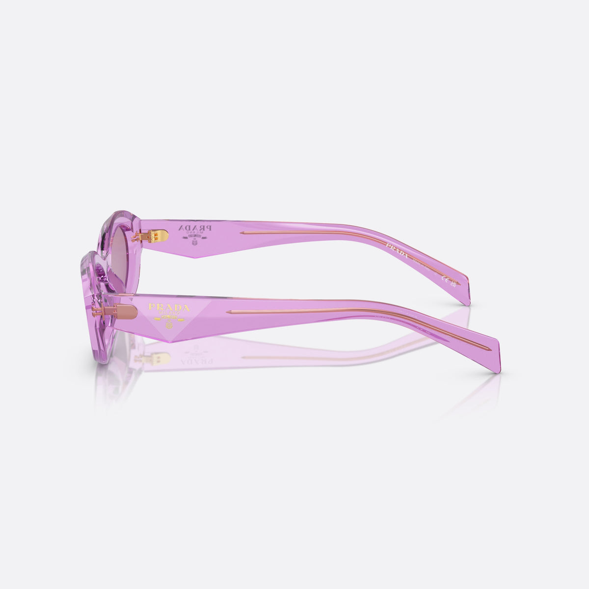 Prada Symbole PR 26ZS 13R07Q sunglasses, pink oval frame, unisex, plain bridge, brand logo on temples, wide tapered temples, side view
