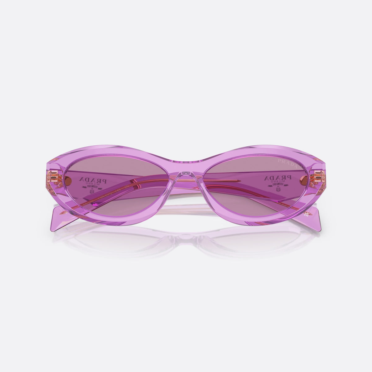 Prada Symbole PR 26ZS 13R07Q sunglasses, pink oval frame, unisex, plain bridge, brand logo on temples, wide tapered temples, folded