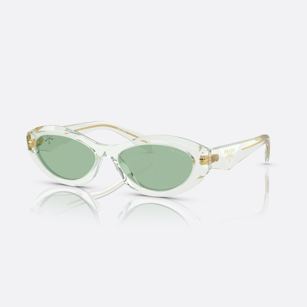 Prada Symbole PR 26ZS 14R-20E sunglasses, green oval frame, unisex, keyhole bridge, brand lettering on temples, full rim frame