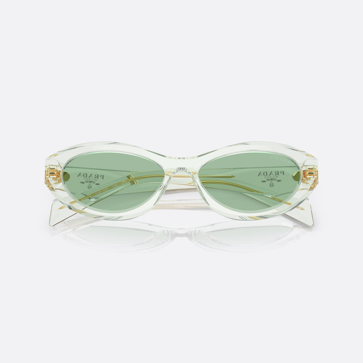 Ochelari de soare Prada Symbole PR 26ZS 14R-20E, ovali verde, unisex, punte keyhole, literele brandului pe brațe, ramă completă, cu brațele pliate