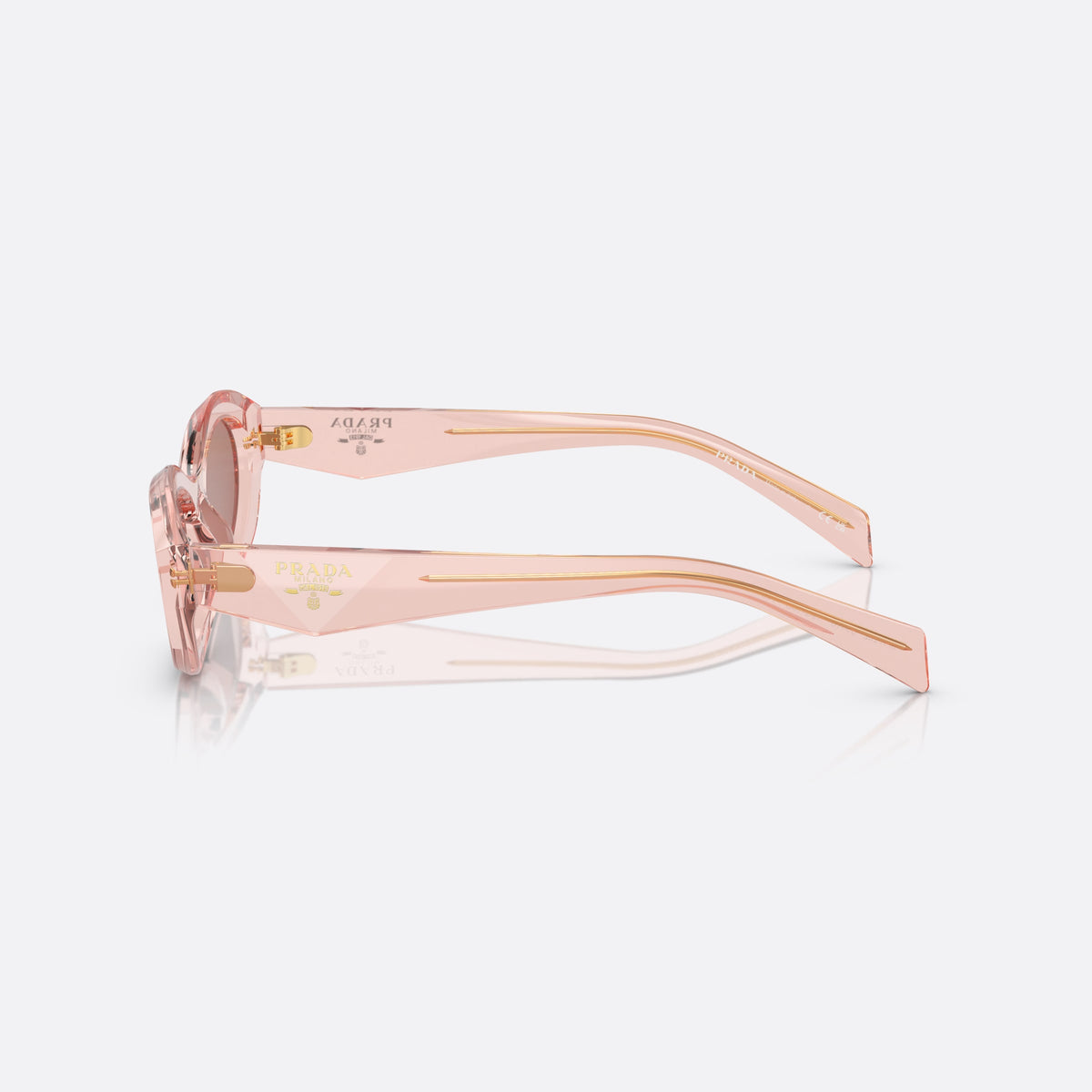 Prada Symbole PR 26ZS 19Q10D sunglasses, pink cat eye frame for women, plain bridge, brand logo plaque on temple, side view