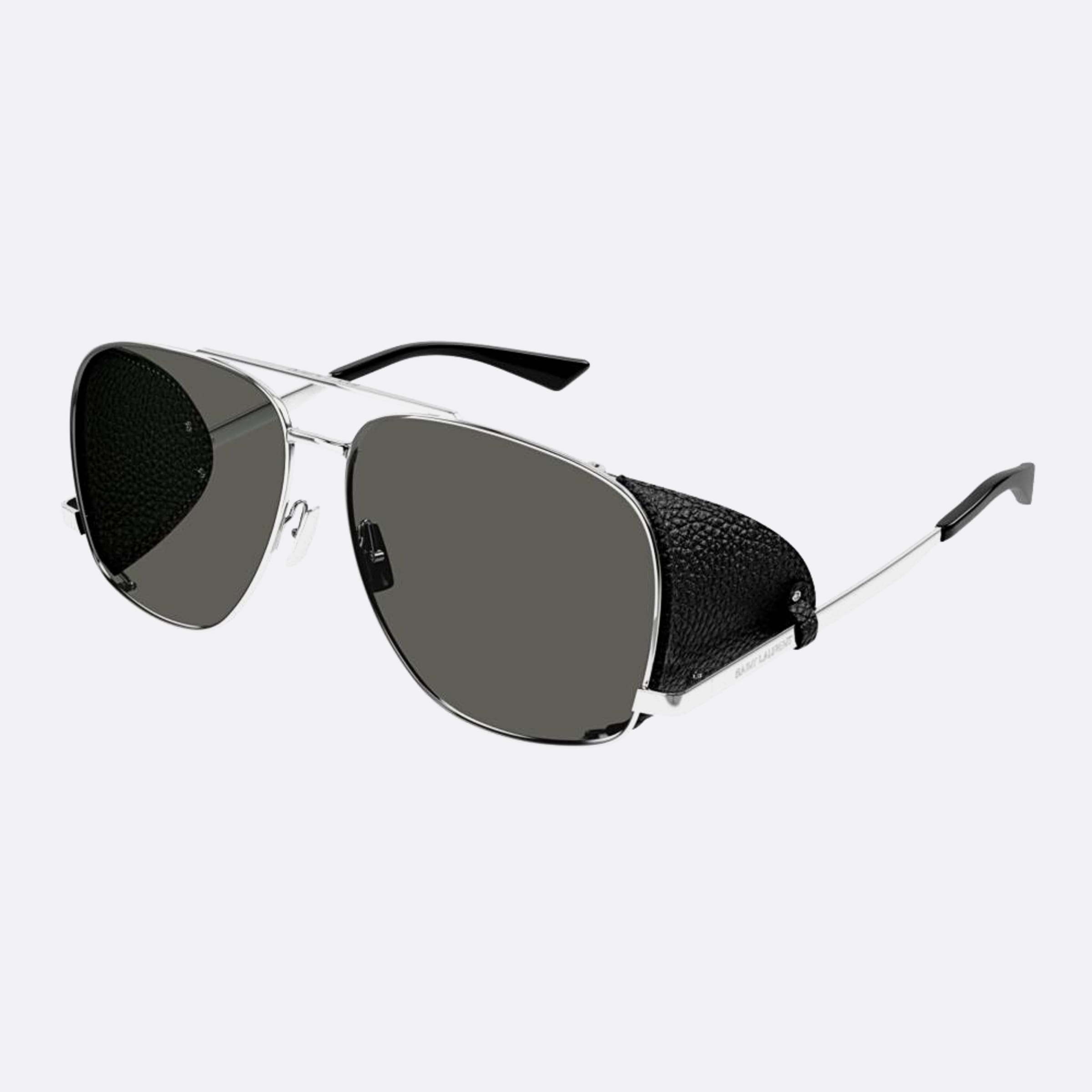 Saint 59mm Laurent Leon Leather Spoiler Silver Pilot Man Sunglasses - Side View