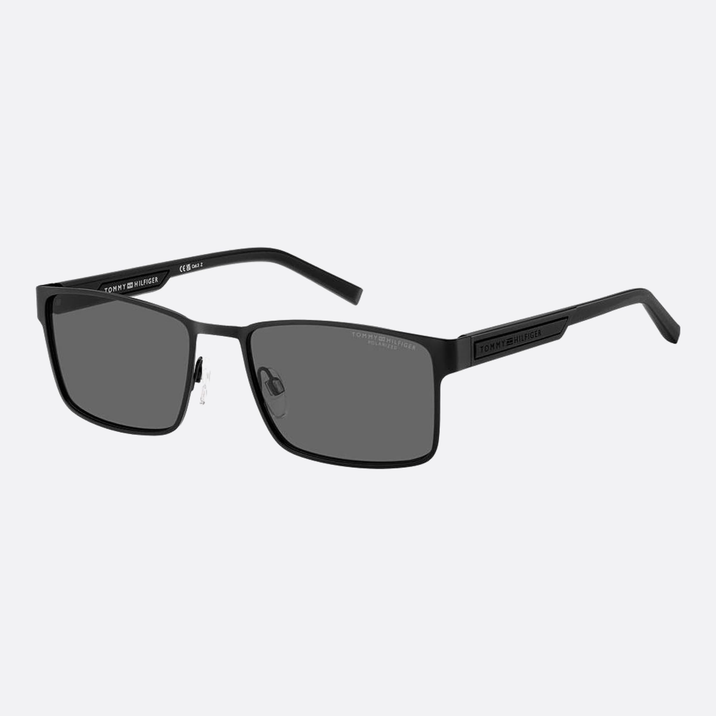 Tommy 57mm Hilfiger Black Rectangle Polarized Men Sunglasses - Side View